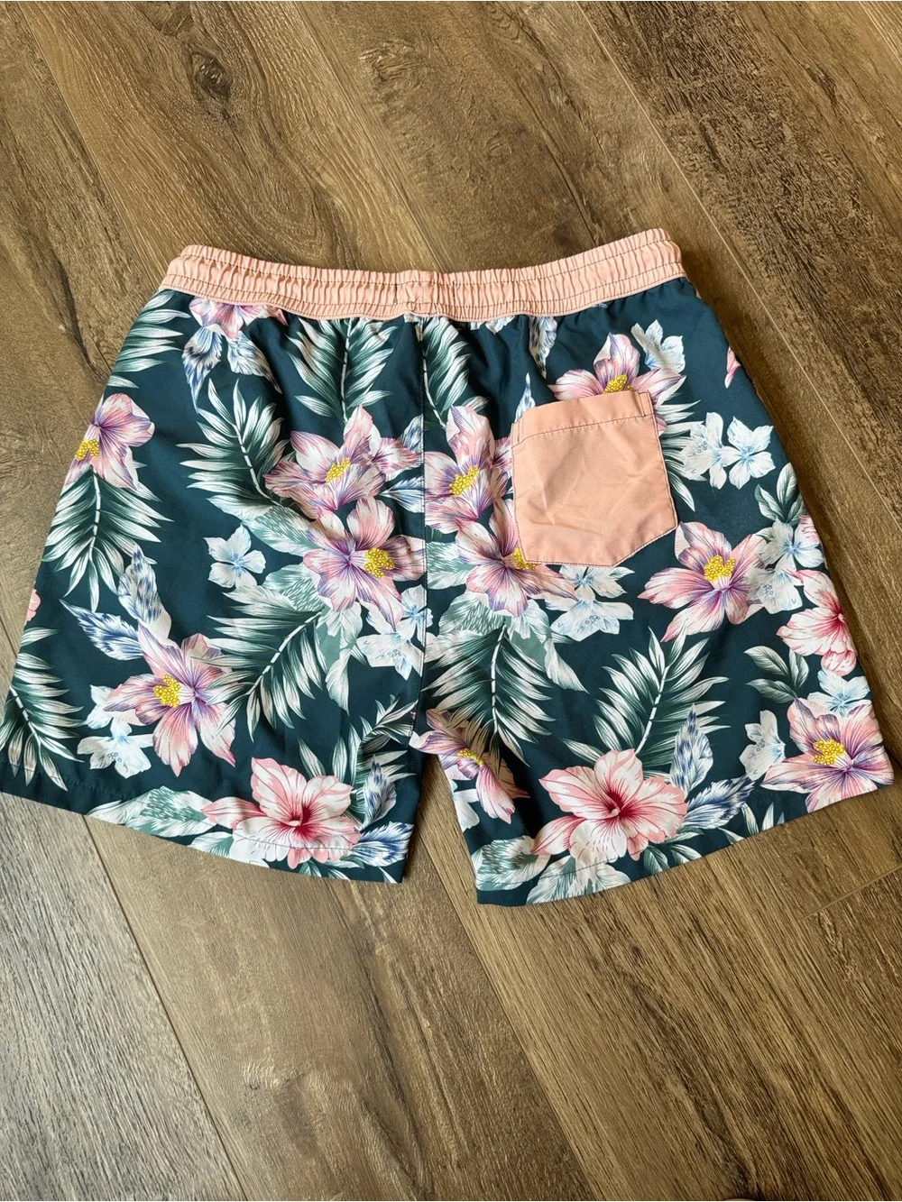 Peach Waistband Floral Swim Trunks with White Drawstring